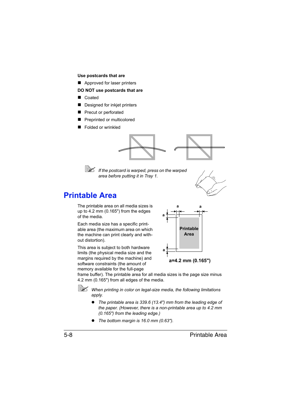 Printable area, Printable area -8, Printable area 5-8 | Konica Minolta magicolor 1650EN User Manual | Page 75 / 191