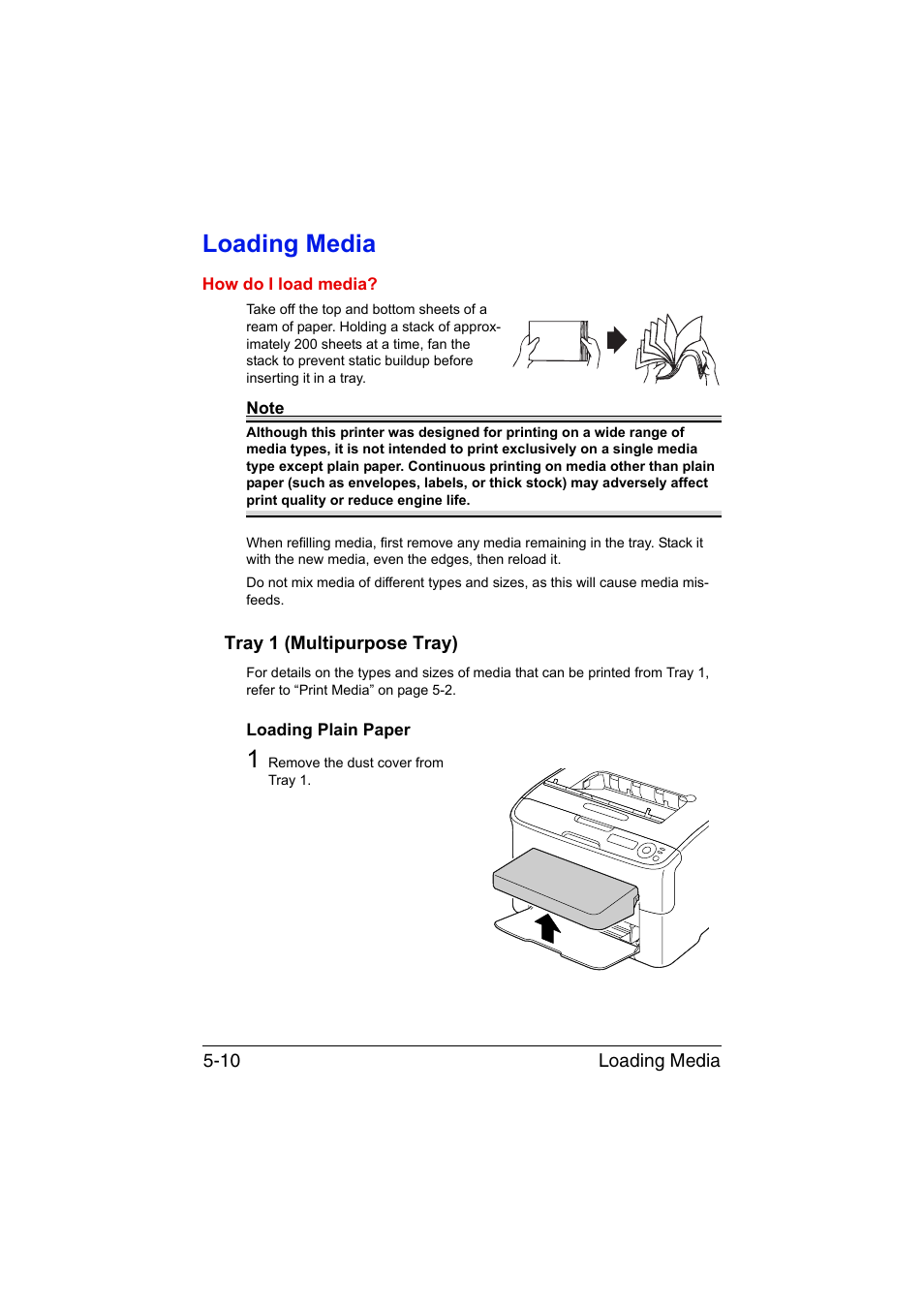 Loading media, Tray 1 (multipurpose tray), Loading plain paper | Loading media -10, Tray 1 (multipurpose tray) -10, Loading plain paper -10 | Konica Minolta magicolor 1650EN User Manual | Page 77 / 191