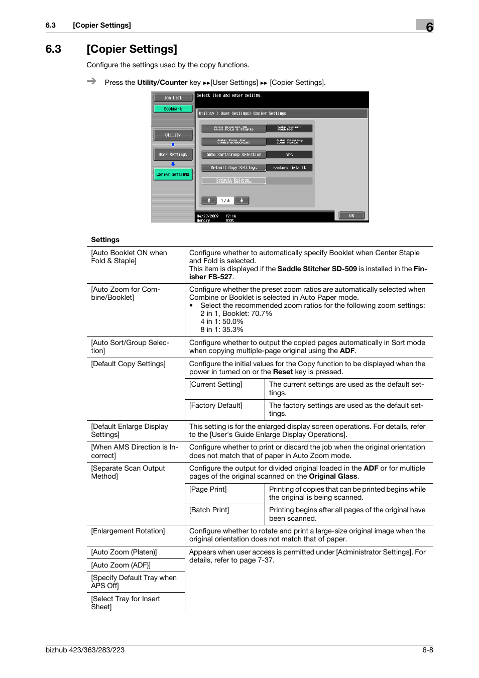 3 [copier settings, Copier settings] -8, P. 6-8 | Konica Minolta BIZHUB 223 User Manual | Page 123 / 266