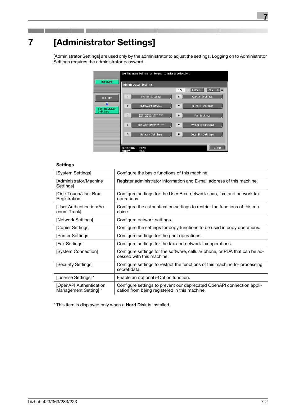 7 [administrator settings, Administrator settings, 7[administrator settings | Konica Minolta BIZHUB 223 User Manual | Page 134 / 266