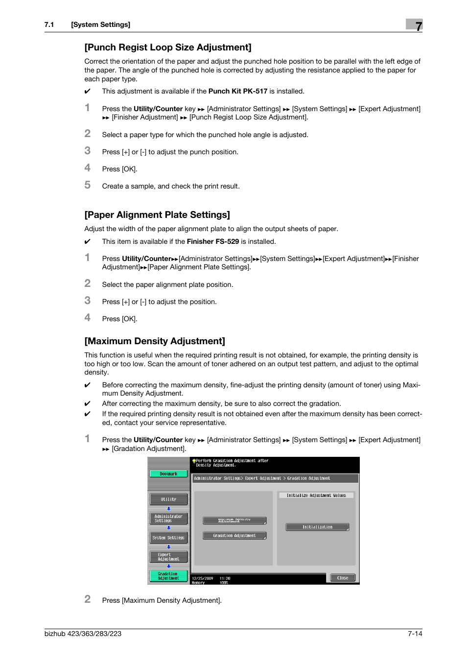 Punch regist loop size adjustment, Paper alignment plate settings, Maximum density adjustment | P. 7-14 | Konica Minolta BIZHUB 223 User Manual | Page 146 / 266