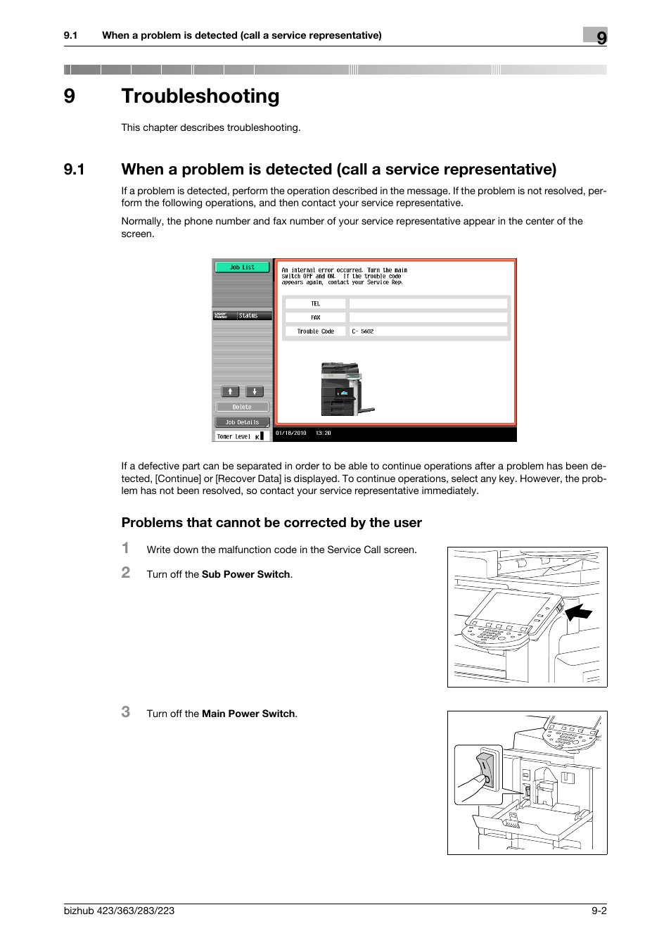 9 troubleshooting, Problems that cannot be corrected by the user, Troubleshooting | 9troubleshooting | Konica Minolta BIZHUB 223 User Manual | Page 198 / 266