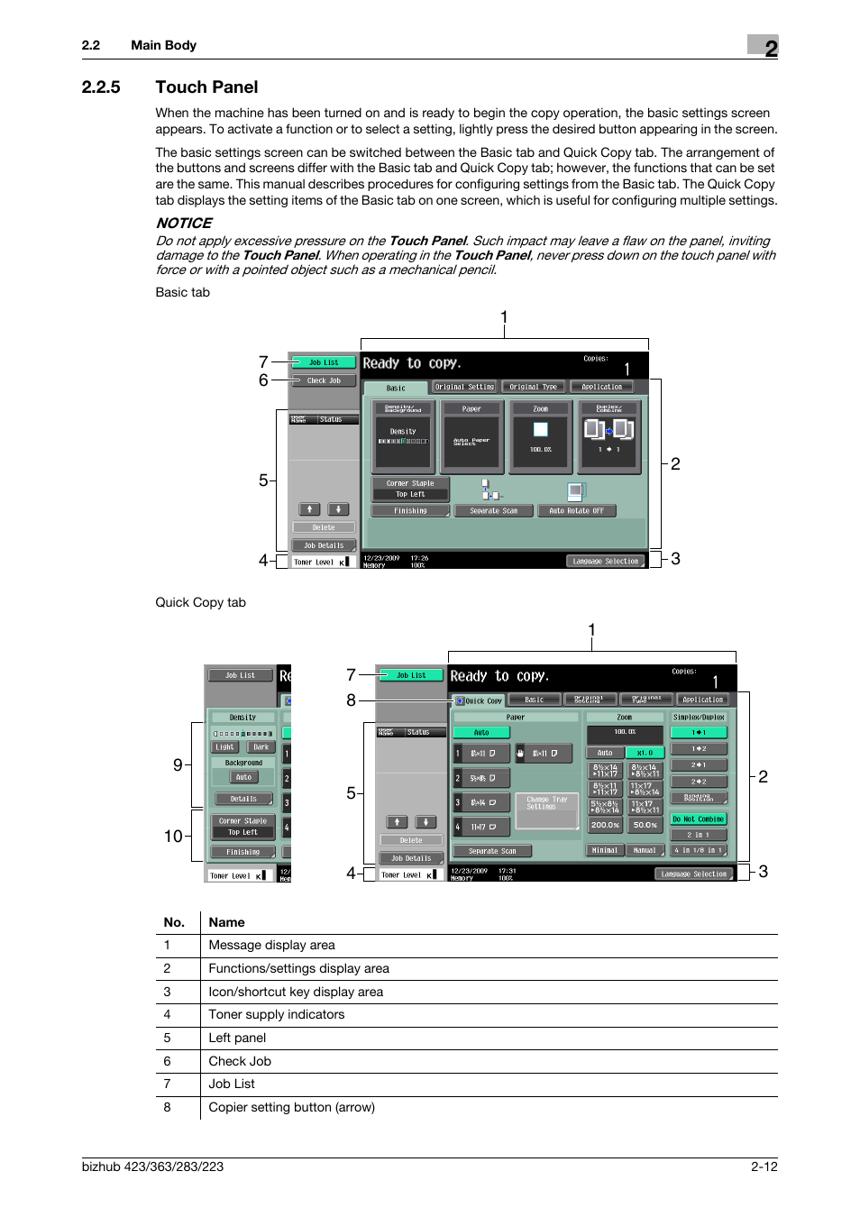 5 touch panel, Touch panel -12 | Konica Minolta BIZHUB 223 User Manual | Page 23 / 266