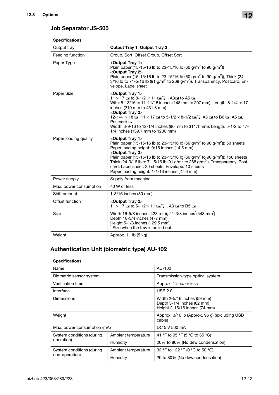 Job separator js-505, Authentication unit (biometric type) au-102 | Konica Minolta BIZHUB 223 User Manual | Page 251 / 266