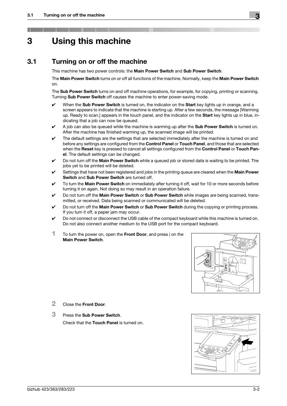 3 using this machine, 1 turning on or off the machine, Using this machine | Turning on or off the machine -2, 3using this machine | Konica Minolta BIZHUB 223 User Manual | Page 30 / 266