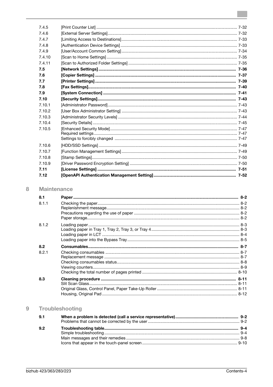 8maintenance, 9troubleshooting | Konica Minolta BIZHUB 223 User Manual | Page 5 / 266