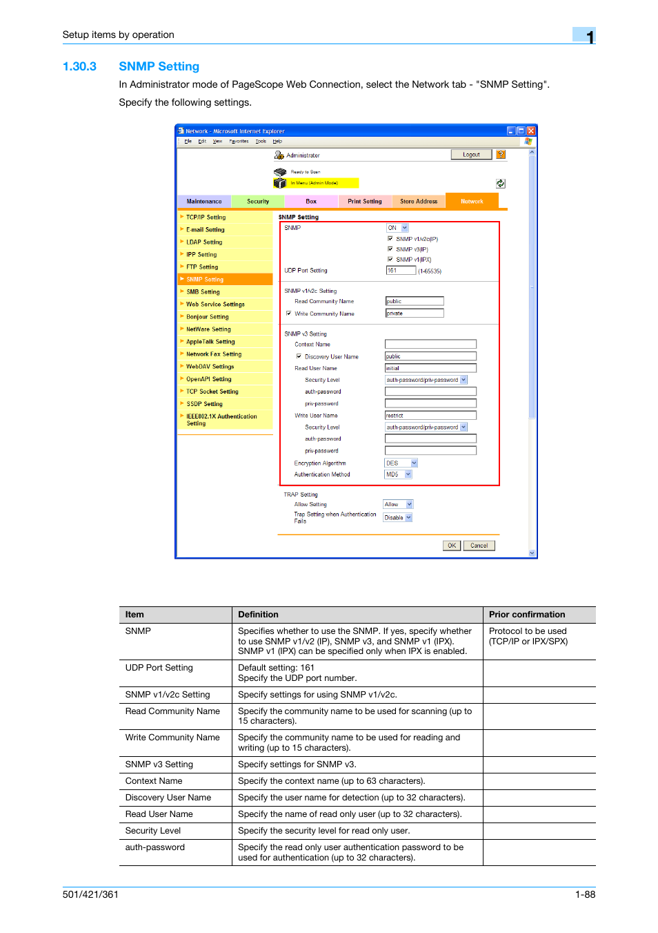 3 snmp setting, Snmp setting -88, Snmp setting | Konica Minolta bizhub 501 User Manual | Page 101 / 233