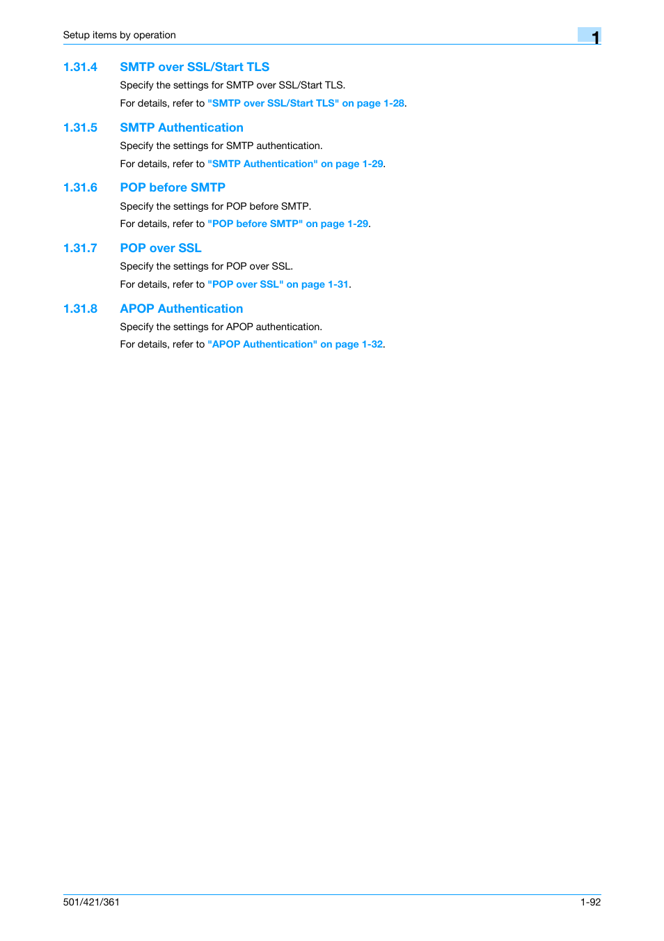 4 smtp over ssl/start tls, 5 smtp authentication, 6 pop before smtp | 7 pop over ssl, 8 apop authentication, Smtp over ssl/start tls -92, Smtp authentication -92, Pop before smtp -92, Pop over ssl -92, Apop authentication -92 | Konica Minolta bizhub 501 User Manual | Page 105 / 233