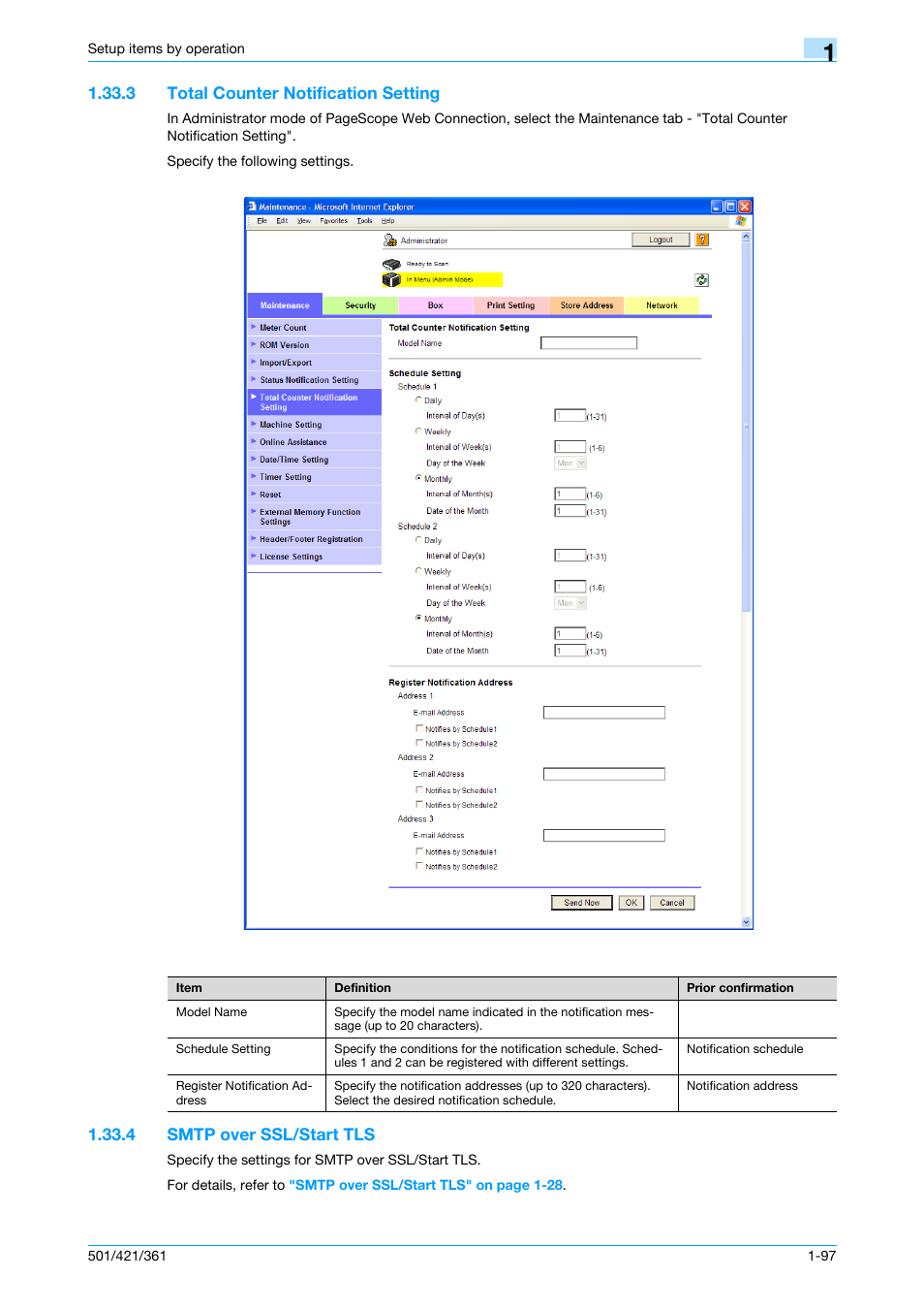 3 total counter notification setting, 4 smtp over ssl/start tls, Total counter notification setting -97 | Smtp over ssl/start tls -97, Total counter notification, Setting, Smtp over ssl/start tls | Konica Minolta bizhub 501 User Manual | Page 110 / 233