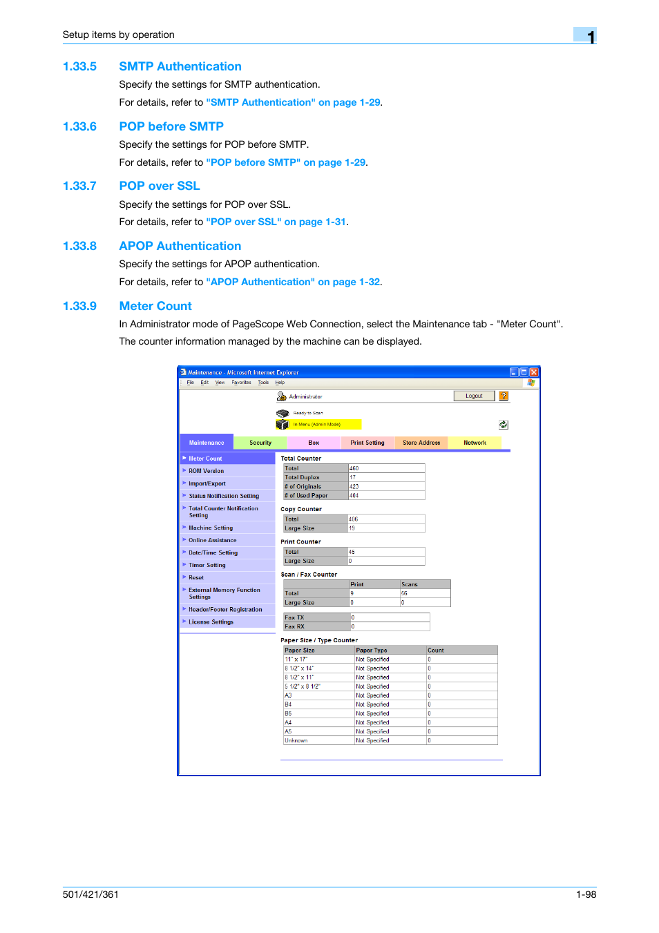 5 smtp authentication, 6 pop before smtp, 7 pop over ssl | 8 apop authentication, 9 meter count, Smtp authentication -98, Pop before smtp -98, Pop over ssl -98, Apop authentication -98, Meter count -98 | Konica Minolta bizhub 501 User Manual | Page 111 / 233