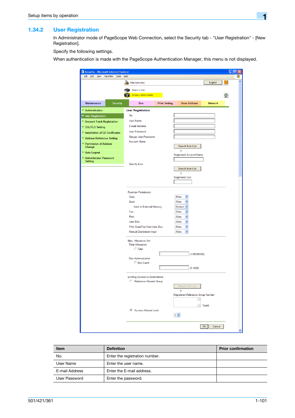 2 user registration, User registration -101, User registration | Konica Minolta bizhub 501 User Manual | Page 114 / 233