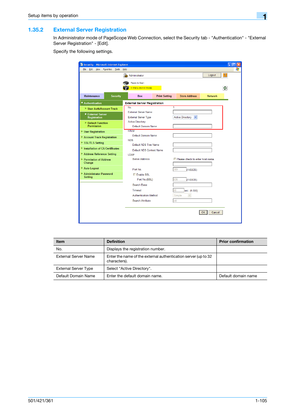 2 external server registration, External server registration -105, External server registration | Konica Minolta bizhub 501 User Manual | Page 118 / 233