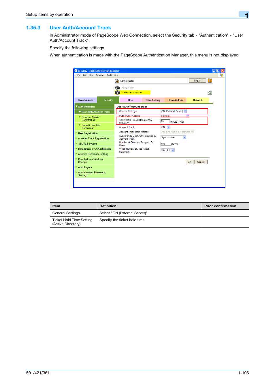 3 user auth/account track, User auth/account track -106, User auth/account track | Konica Minolta bizhub 501 User Manual | Page 119 / 233