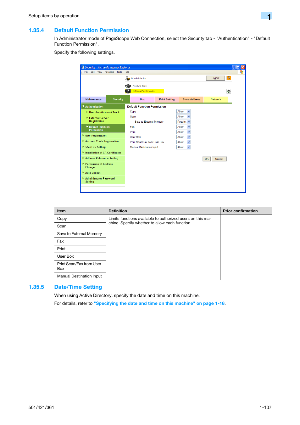 4 default function permission, 5 date/time setting, Default function permission -107 | Date/time setting -107, Default function permission, Date/time setting | Konica Minolta bizhub 501 User Manual | Page 120 / 233