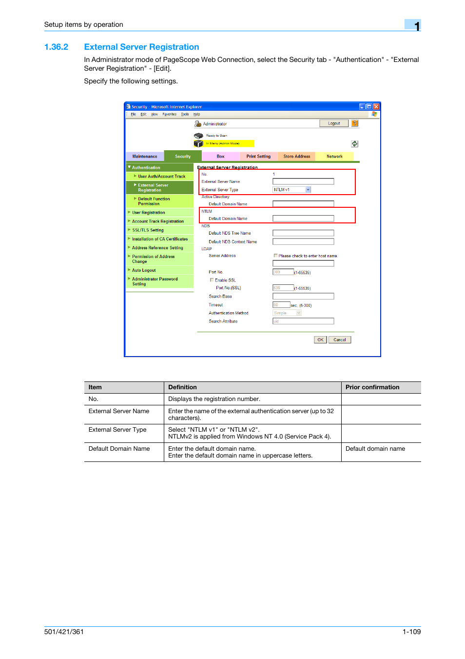 2 external server registration, External server registration -109, External server registration | Konica Minolta bizhub 501 User Manual | Page 122 / 233