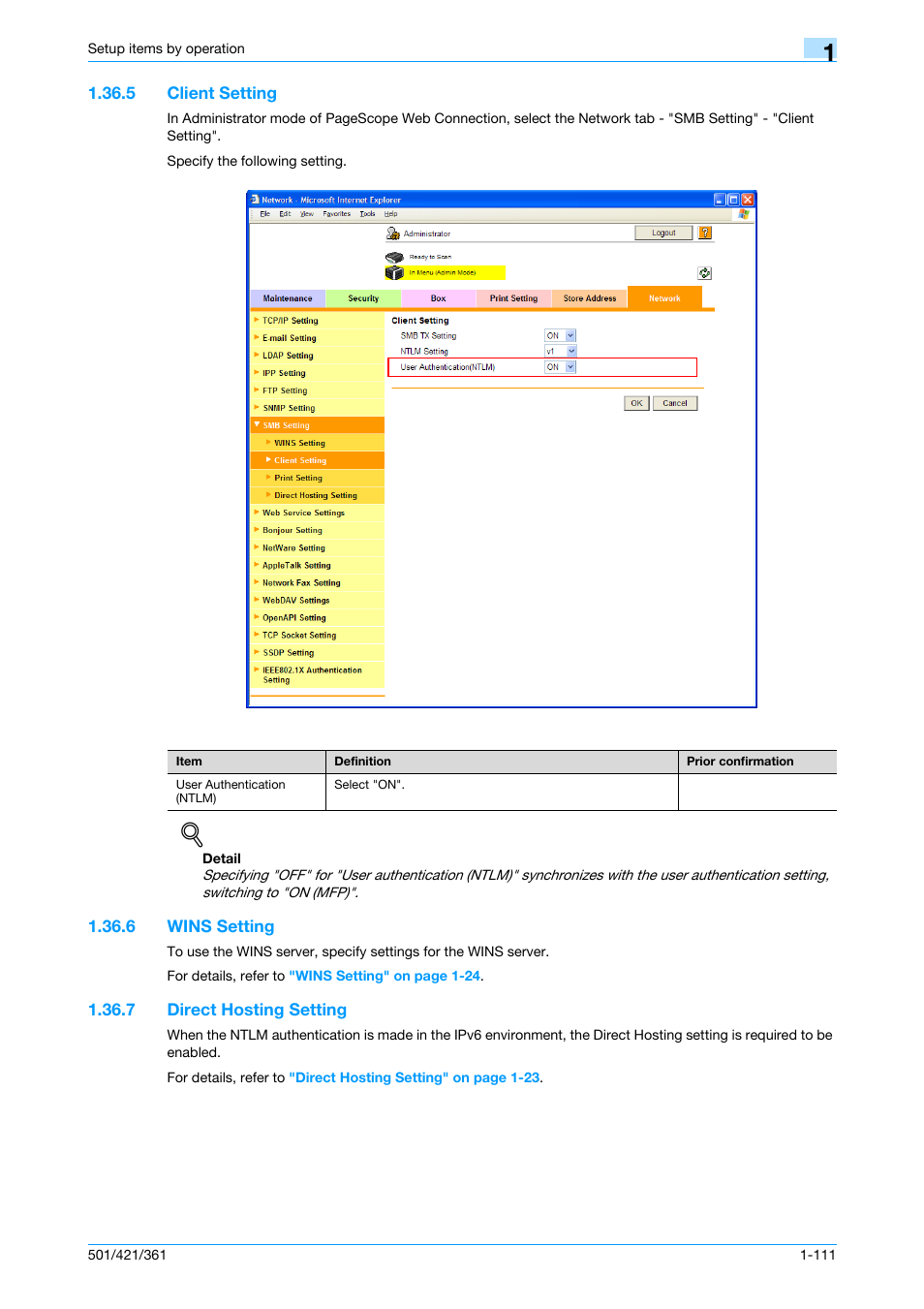 5 client setting, 6 wins setting, 7 direct hosting setting | Client setting -111, Wins setting -111, Direct hosting setting -111, Client setting, Direct hosting setting | Konica Minolta bizhub 501 User Manual | Page 124 / 233