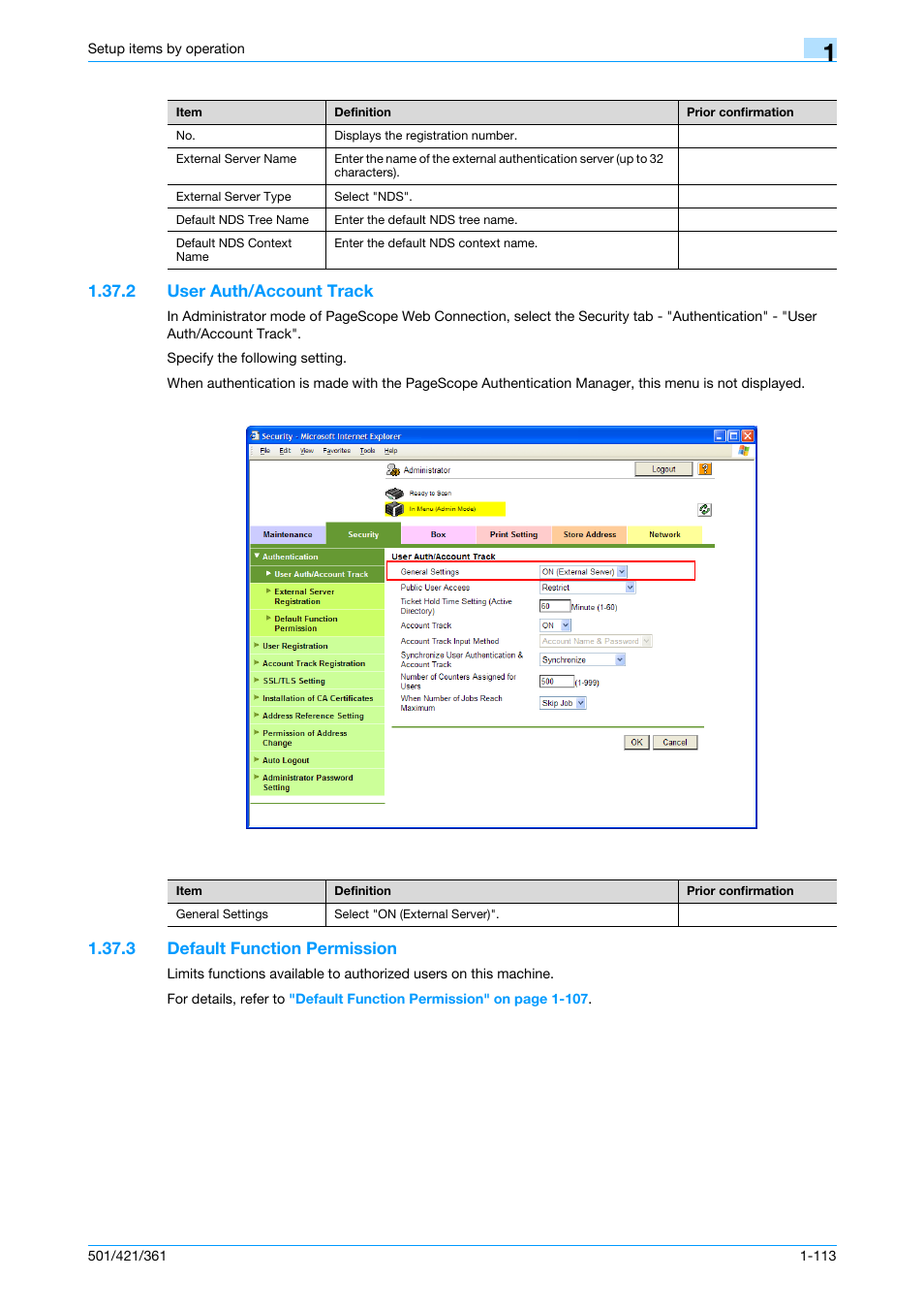 2 user auth/account track, 3 default function permission, User auth/account track -113 | Default function permission -113, User auth/account track, Default function permission | Konica Minolta bizhub 501 User Manual | Page 126 / 233