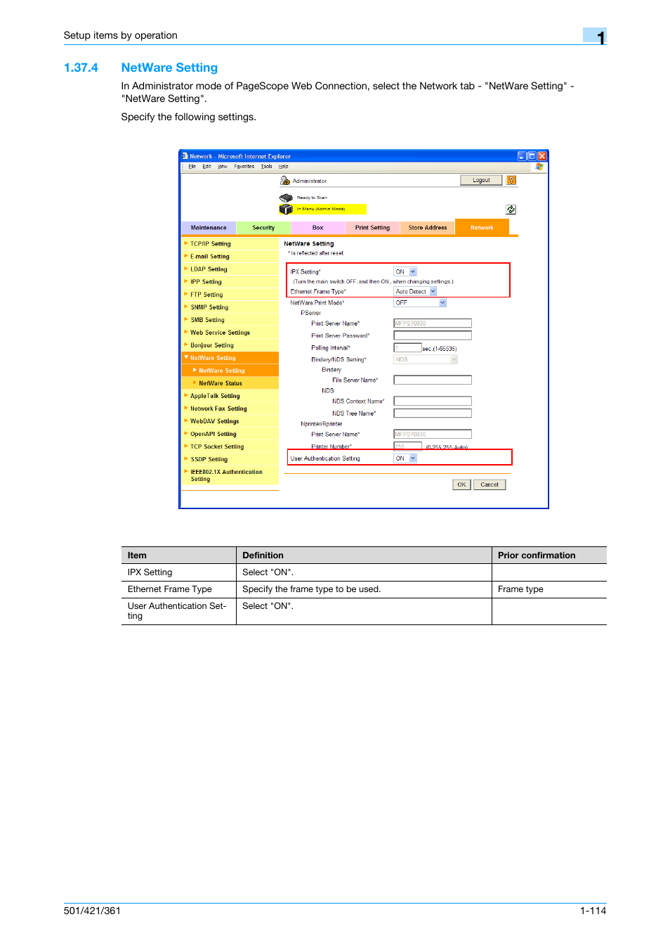 4 netware setting, Netware setting -114, Netware setting | Konica Minolta bizhub 501 User Manual | Page 127 / 233