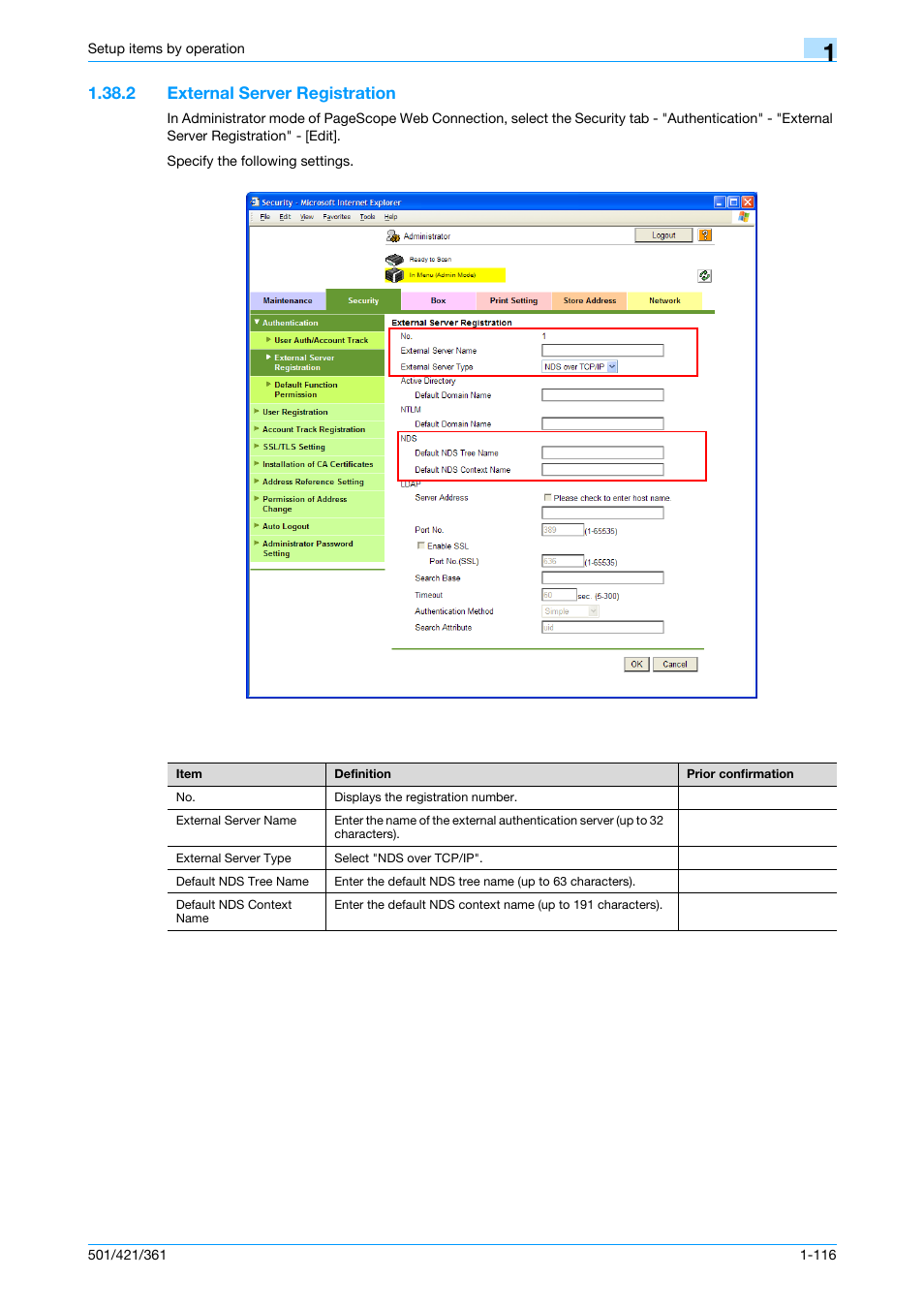 2 external server registration, External server registration -116, External server registration | Konica Minolta bizhub 501 User Manual | Page 129 / 233