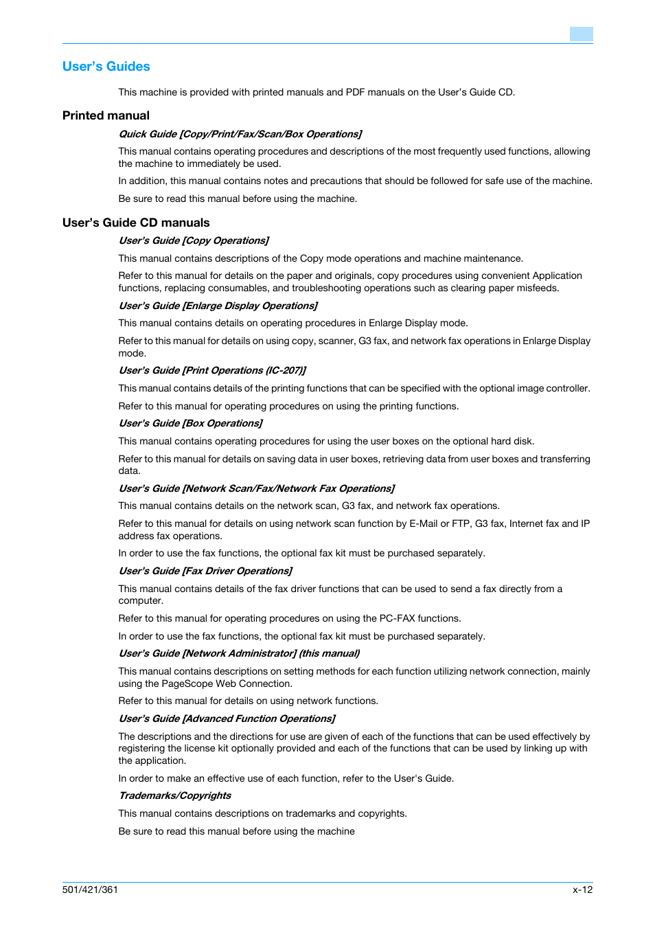 User’s guides, Printed manual, User’s guide cd manuals | Konica Minolta bizhub 501 User Manual | Page 13 / 233