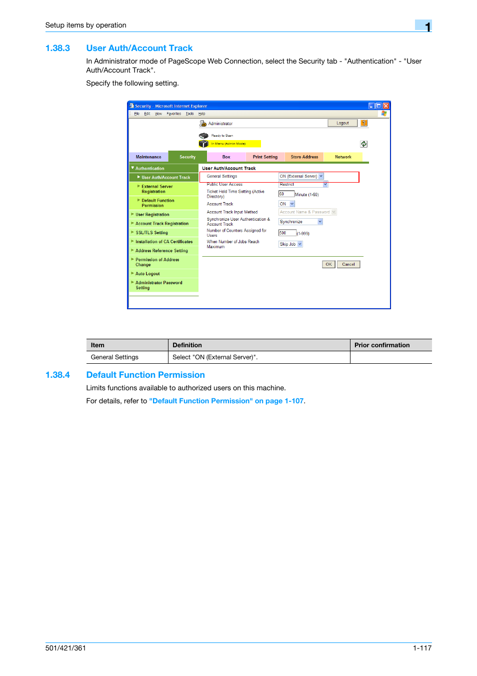 3 user auth/account track, 4 default function permission, User auth/account track -117 | Default function permission -117, User auth/account track, Default function permission | Konica Minolta bizhub 501 User Manual | Page 130 / 233