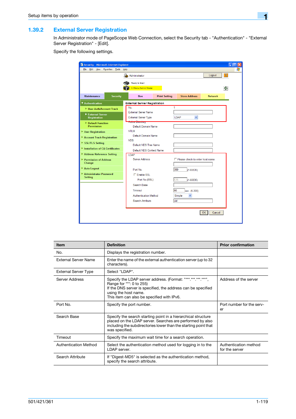 2 external server registration, External server registration -119, External server registration | Konica Minolta bizhub 501 User Manual | Page 132 / 233