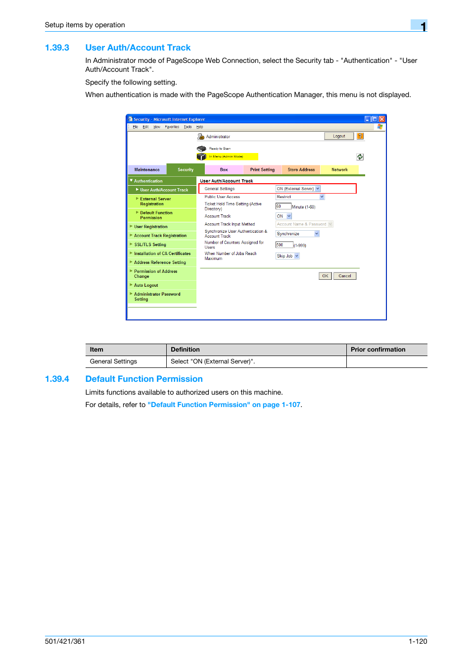 3 user auth/account track, 4 default function permission, User auth/account track -120 | Default function permission -120, User auth/account track, Default function permission | Konica Minolta bizhub 501 User Manual | Page 133 / 233