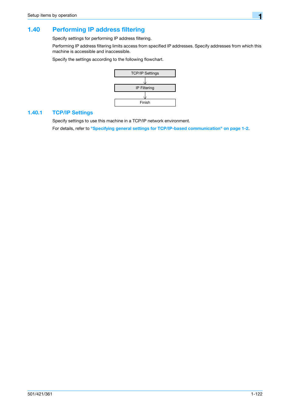 40 performing ip address filtering, 1 tcp/ip settings, Performing ip address filtering -122 | Tcp/ip settings -122 | Konica Minolta bizhub 501 User Manual | Page 135 / 233