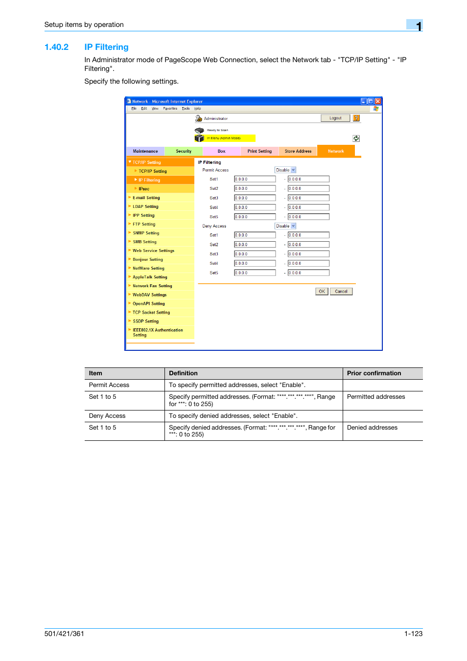 2 ip filtering, Ip filtering -123, Ip filtering | Konica Minolta bizhub 501 User Manual | Page 136 / 233