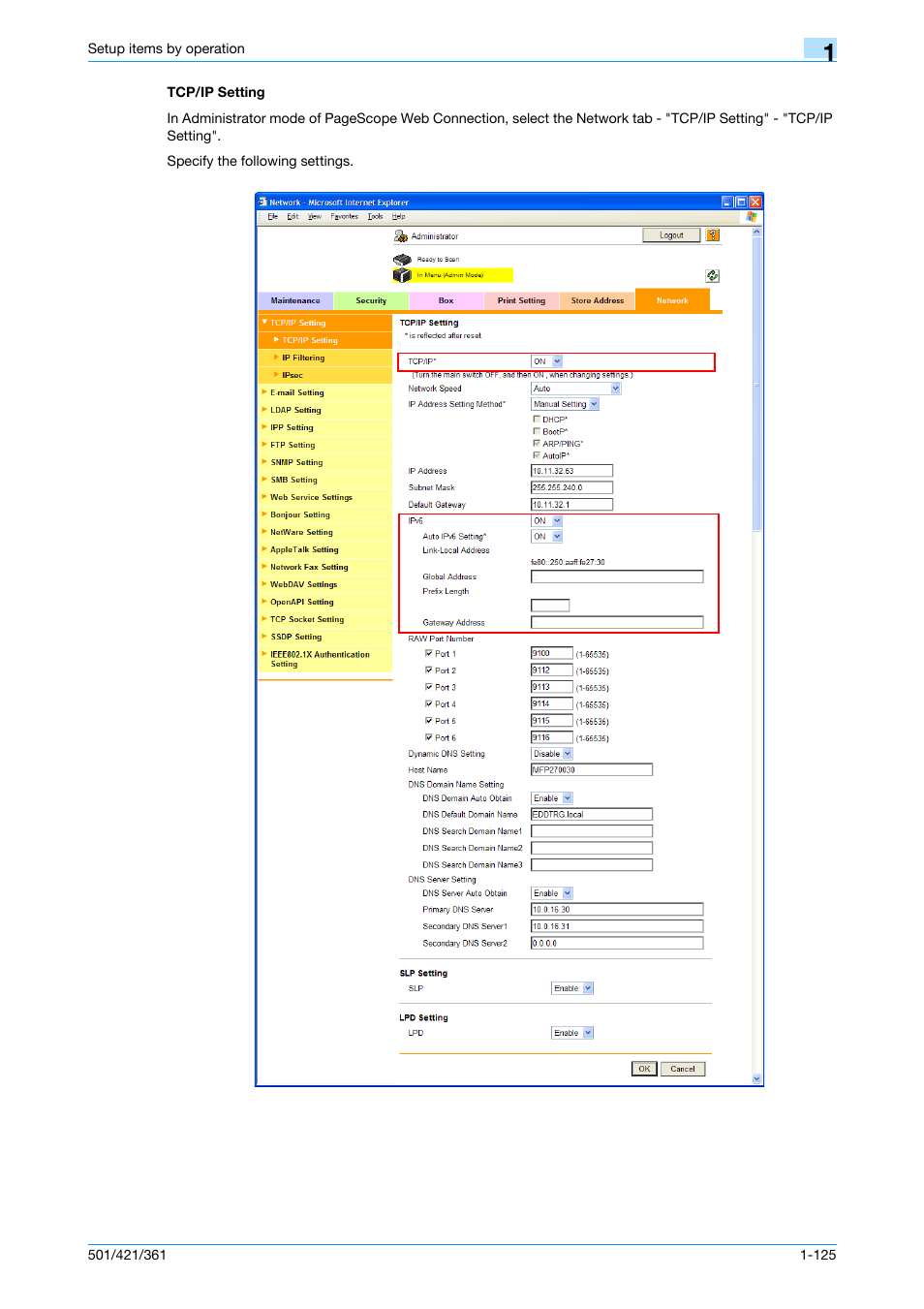 Tcp/ip setting, Tcp/ip setting -125 | Konica Minolta bizhub 501 User Manual | Page 138 / 233
