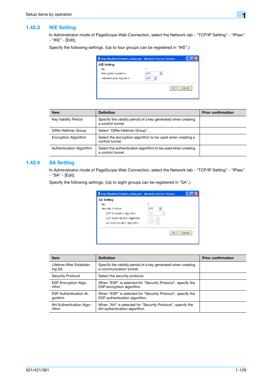 3 ike setting, 4 sa setting, Ike setting -129 | Sa setting -129, Ike setting, Sa setting | Konica Minolta bizhub 501 User Manual | Page 142 / 233