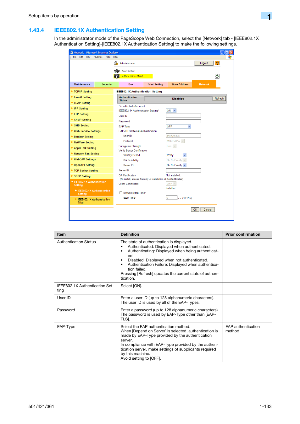 4 ieee802.1x authentication setting, Ieee802.1x authentication setting -133, Ieee802.1x authentication set | Ting | Konica Minolta bizhub 501 User Manual | Page 146 / 233