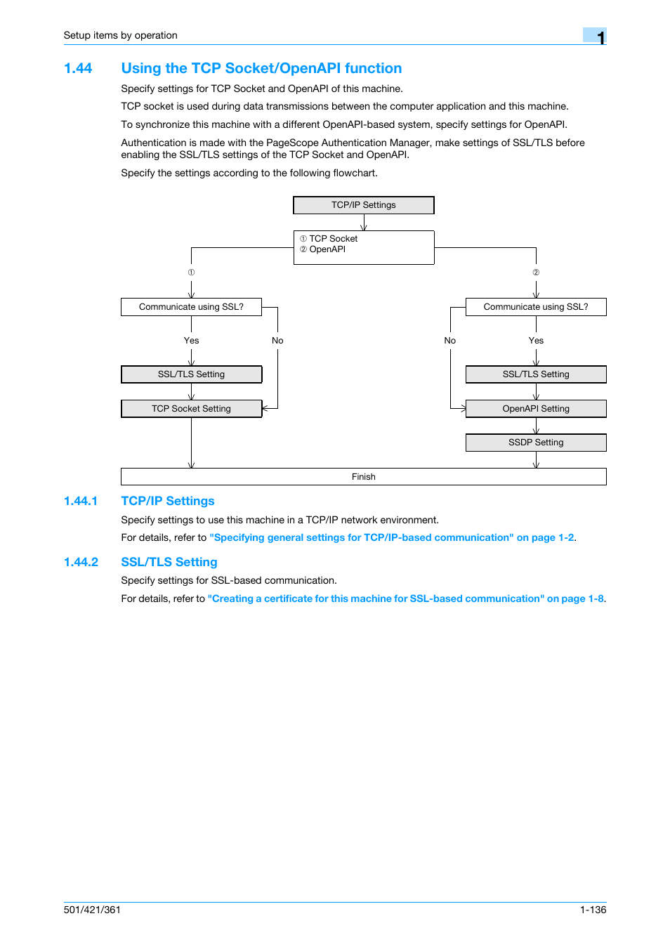 44 using the tcp socket/openapi function, 1 tcp/ip settings, 2 ssl/tls setting | Using the tcp socket/openapi function -136, Tcp/ip settings -136, Ssl/tls setting -136 | Konica Minolta bizhub 501 User Manual | Page 149 / 233