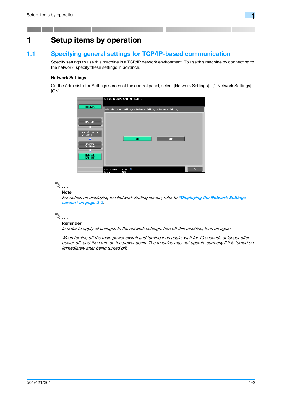1 setup items by operation, Network settings, Setup items by operation | Chapter 1 setup items by operation, 1setup items by operation | Konica Minolta bizhub 501 User Manual | Page 15 / 233