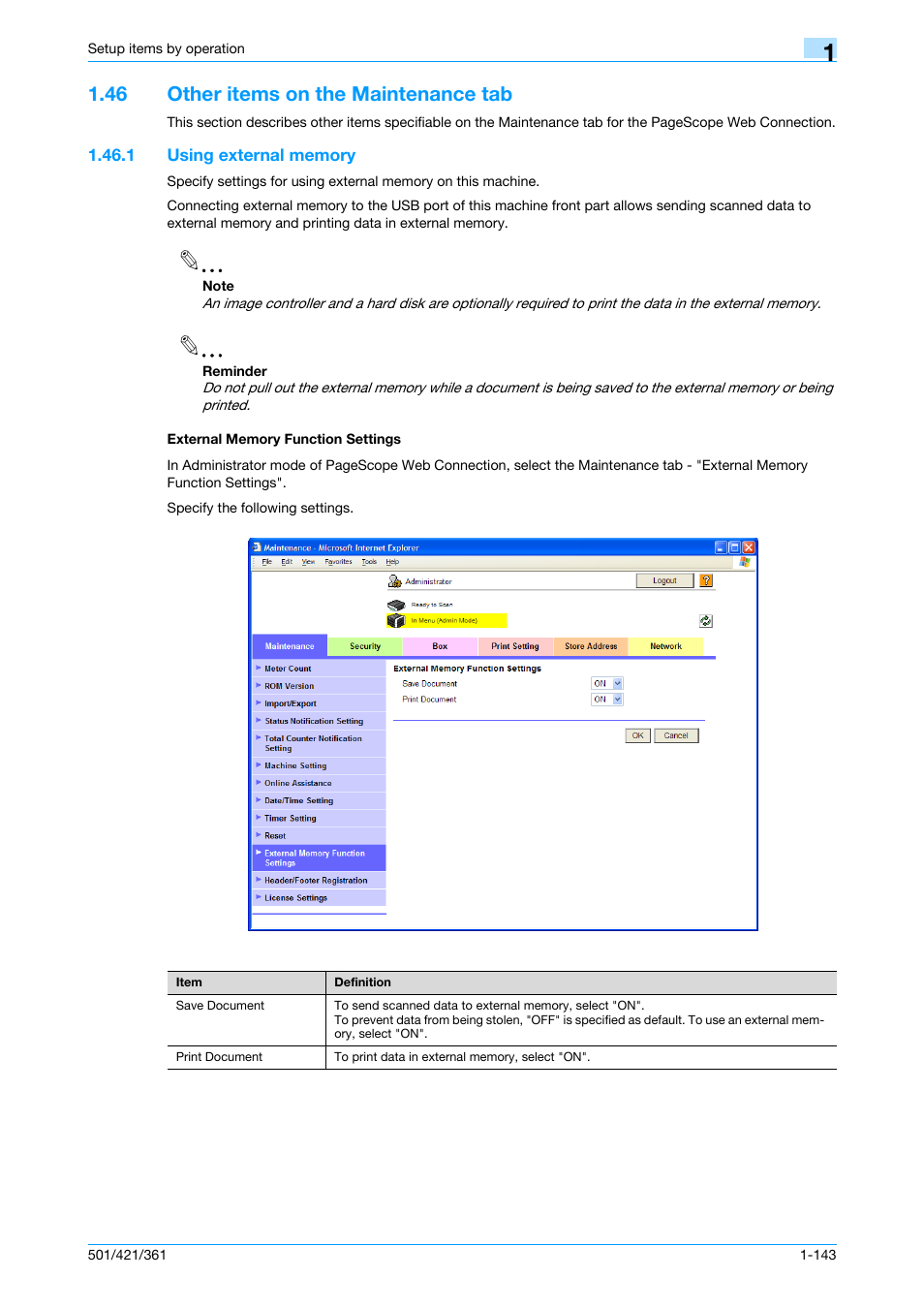 46 other items on the maintenance tab, 1 using external memory, External memory function settings | Other items on the maintenance tab -143 | Konica Minolta bizhub 501 User Manual | Page 156 / 233