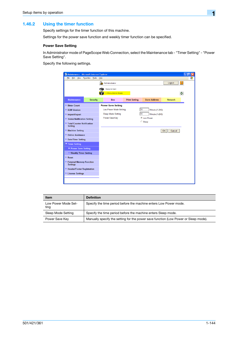 2 using the timer function, Power save setting | Konica Minolta bizhub 501 User Manual | Page 157 / 233