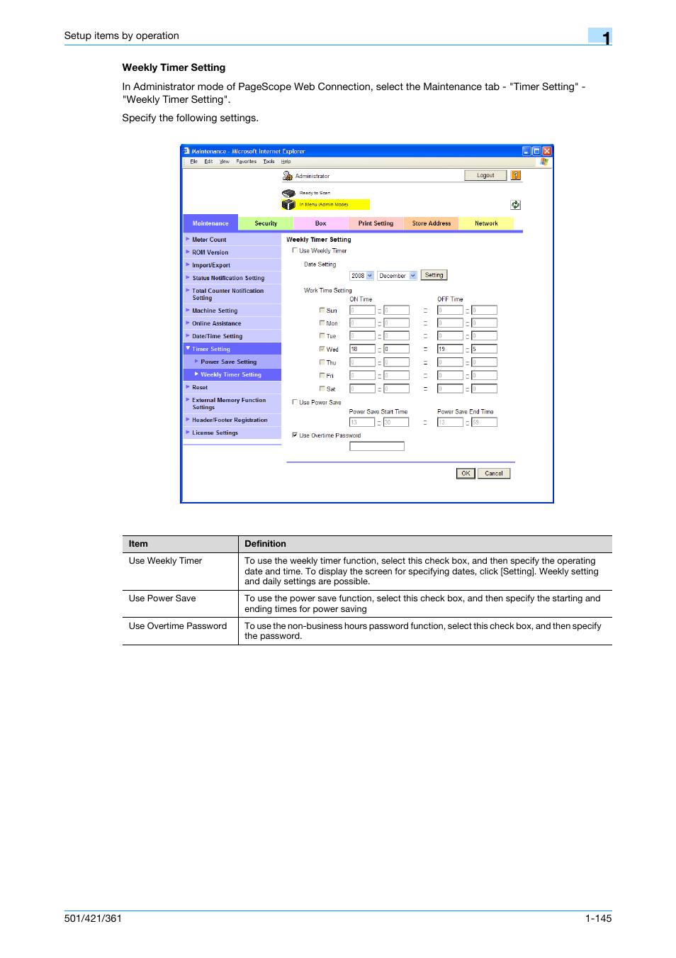 Weekly timer setting, Weekly timer setting -145 | Konica Minolta bizhub 501 User Manual | Page 158 / 233