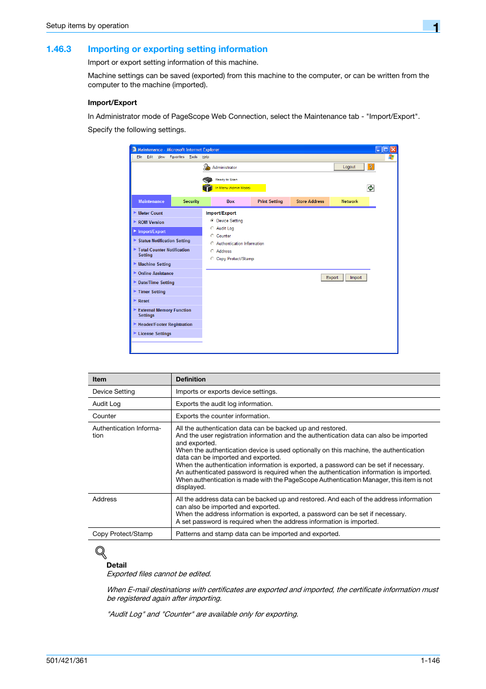 3 importing or exporting setting information, Import/export | Konica Minolta bizhub 501 User Manual | Page 159 / 233