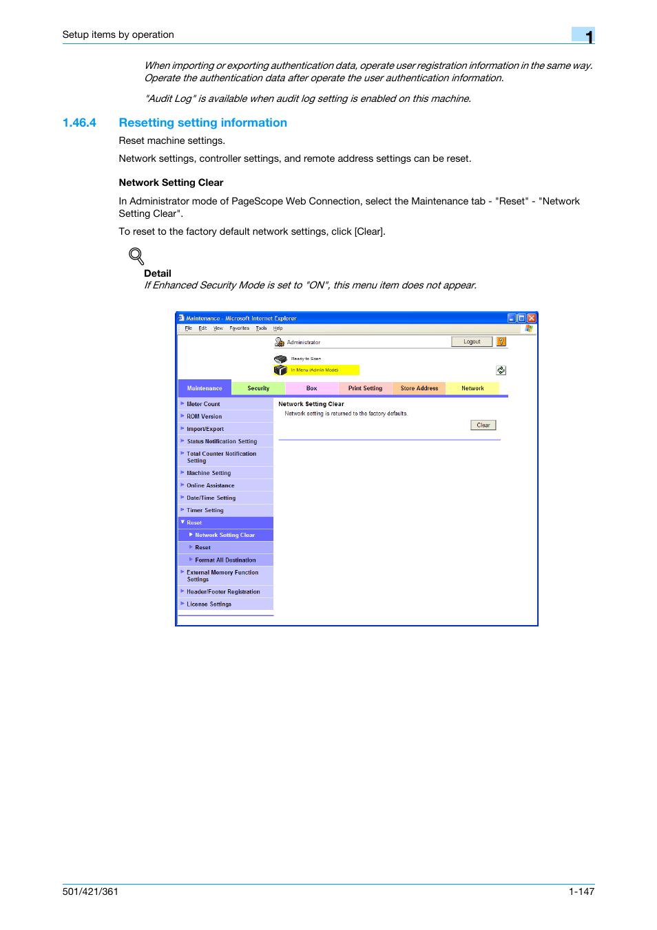 4 resetting setting information, Network setting clear | Konica Minolta bizhub 501 User Manual | Page 160 / 233