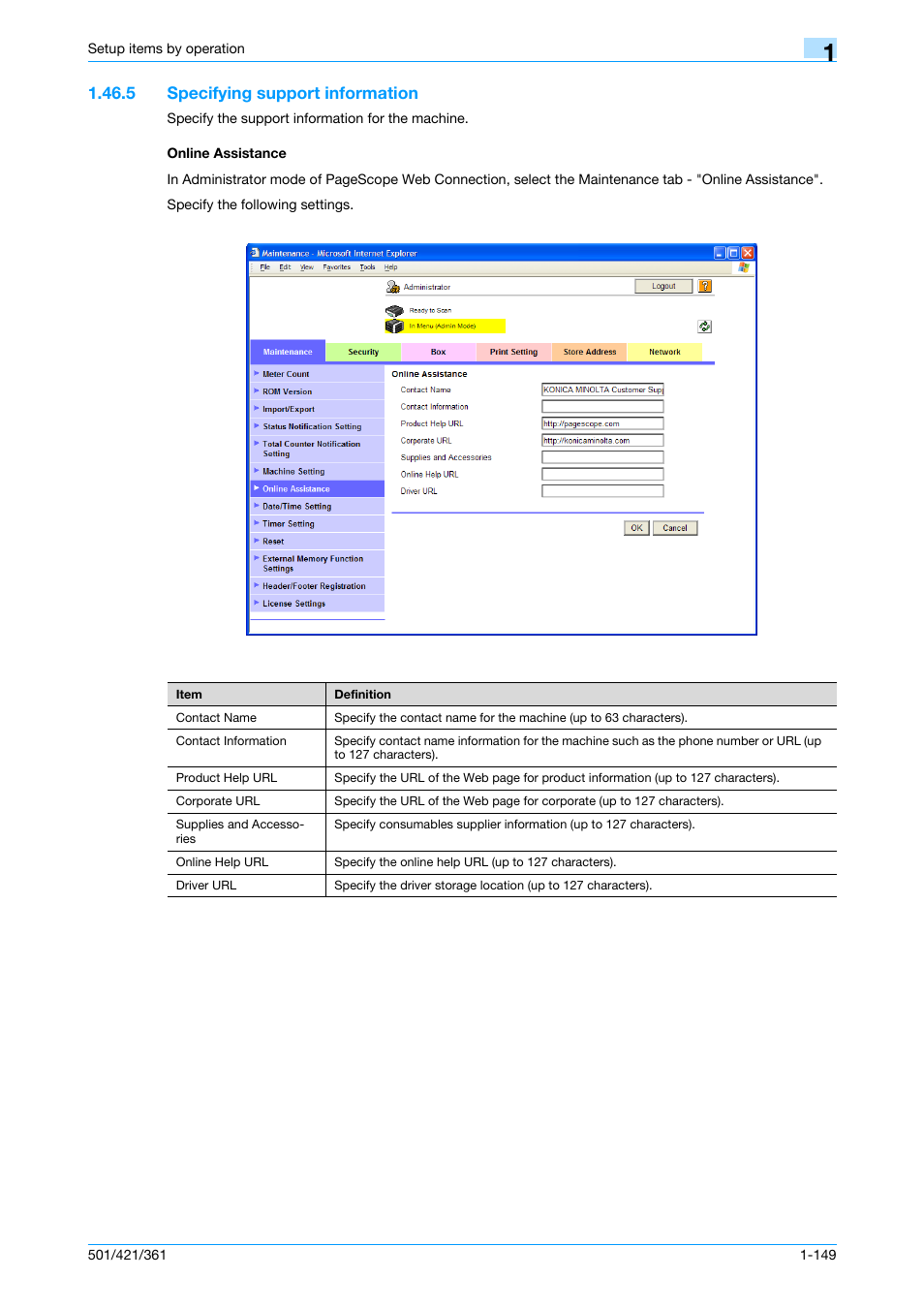 5 specifying support information, Online assistance | Konica Minolta bizhub 501 User Manual | Page 162 / 233