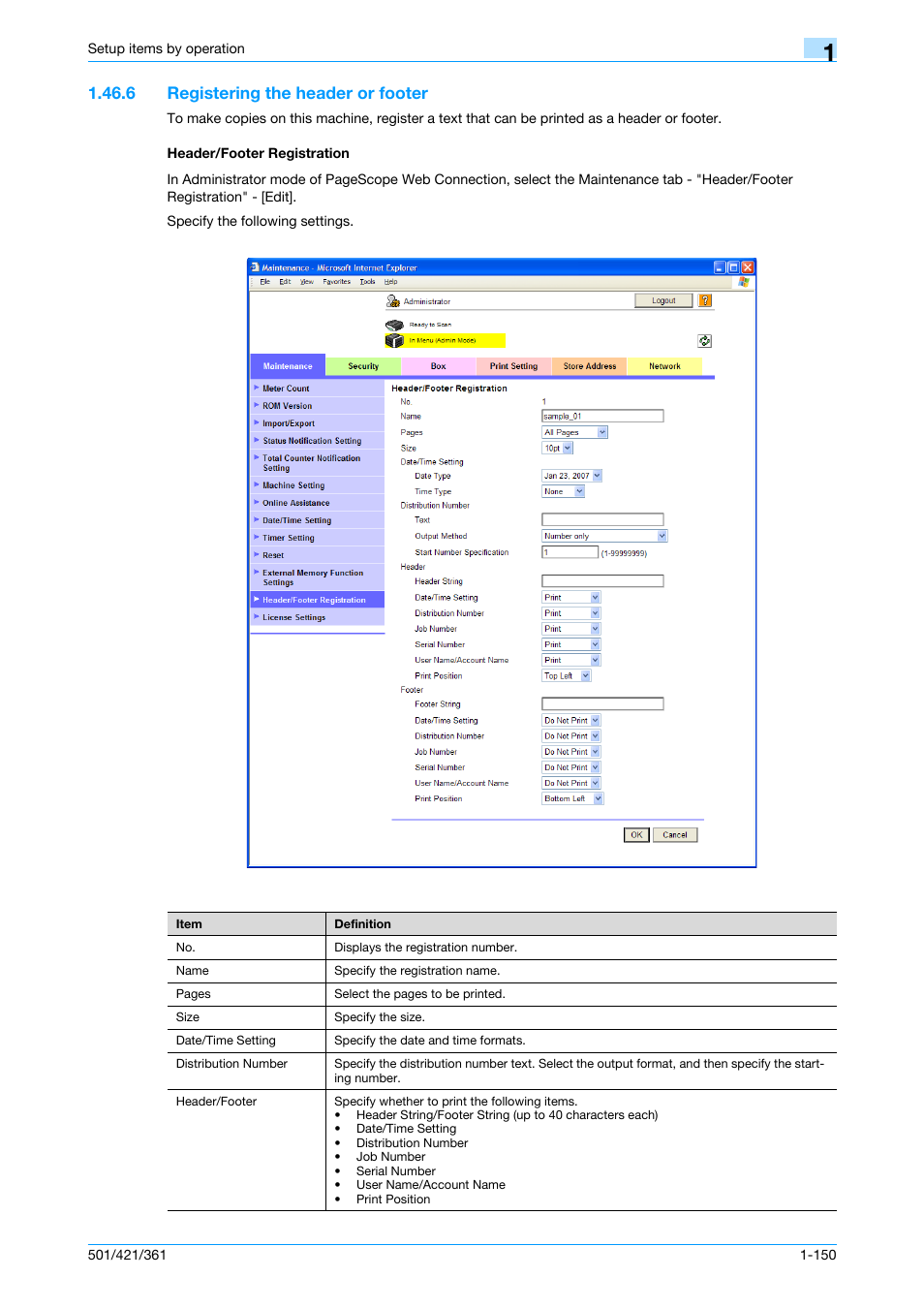 6 registering the header or footer, Header/footer registration | Konica Minolta bizhub 501 User Manual | Page 163 / 233