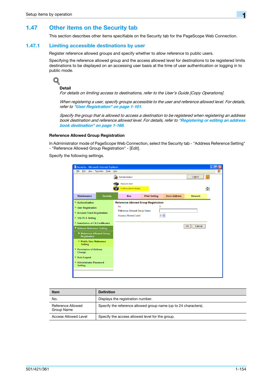 47 other items on the security tab, 1 limiting accessible destinations by user, Reference allowed group registration | Other items on the security tab -154 | Konica Minolta bizhub 501 User Manual | Page 167 / 233