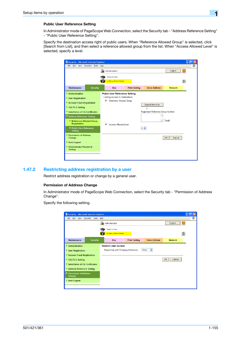 Public user reference setting, 2 restricting address registration by a user, Permission of address change | Public user reference setting -155 | Konica Minolta bizhub 501 User Manual | Page 168 / 233