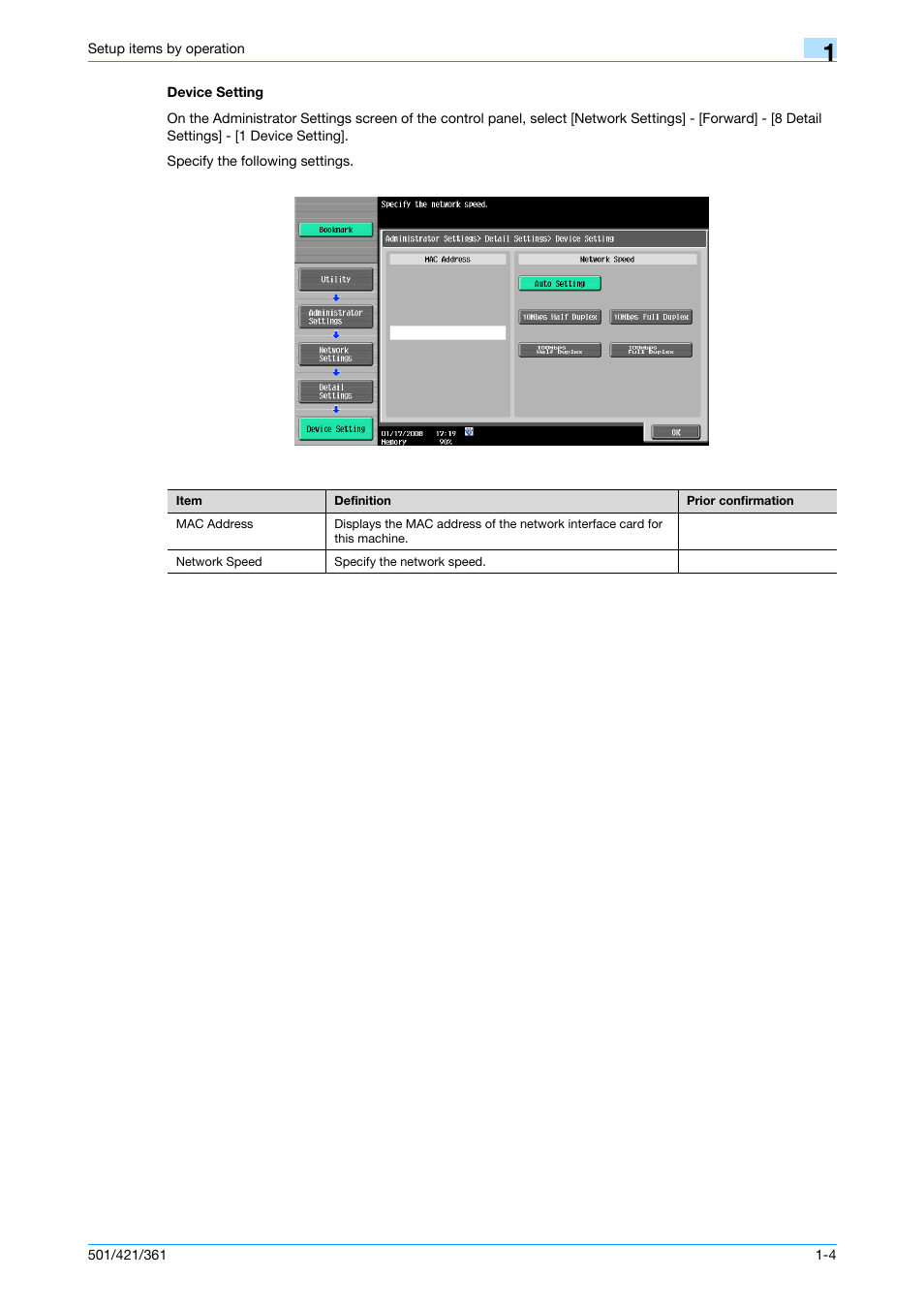 Device setting, Device setting -4 | Konica Minolta bizhub 501 User Manual | Page 17 / 233