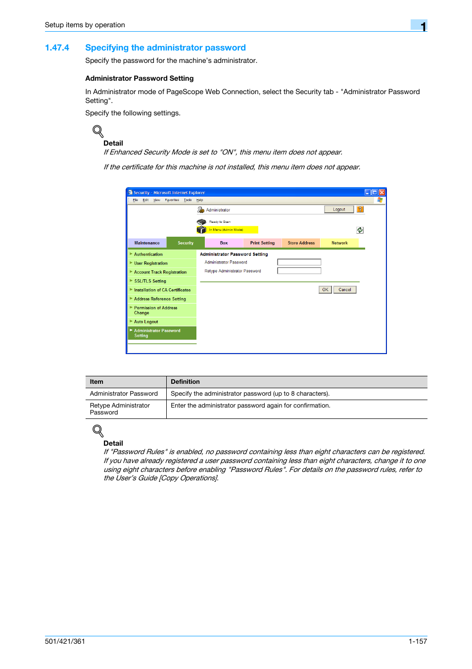 4 specifying the administrator password, Administrator password setting | Konica Minolta bizhub 501 User Manual | Page 170 / 233