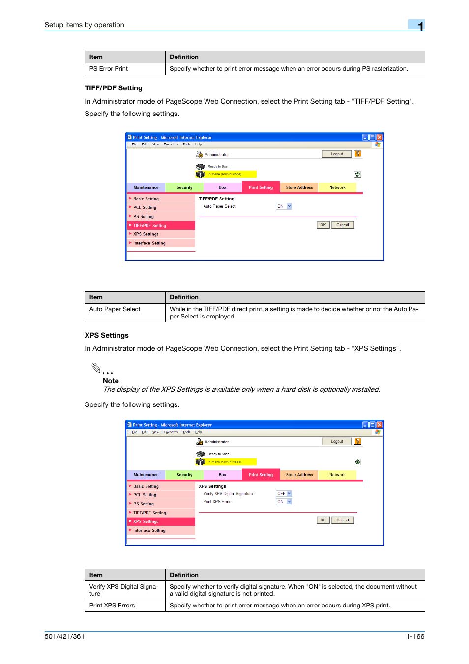 Tiff/pdf setting, Xps settings, Tiff/pdf setting -166 xps settings -166 | Konica Minolta bizhub 501 User Manual | Page 179 / 233