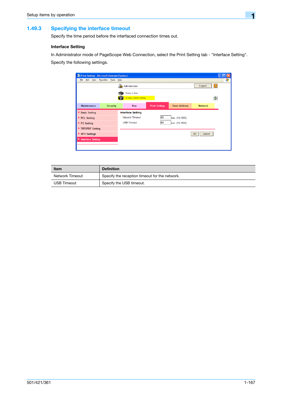 3 specifying the interface timeout, Interface setting | Konica Minolta bizhub 501 User Manual | Page 180 / 233