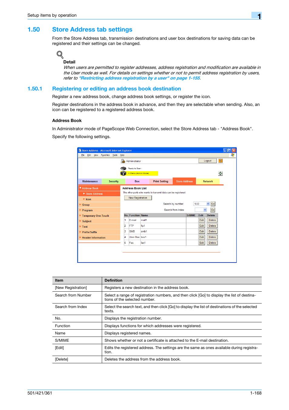 50 store address tab settings, Address book, Store address tab settings -168 | Registering or editing an address book, Es, refer to, Esses, refer to, Registering or editing an address | Konica Minolta bizhub 501 User Manual | Page 181 / 233