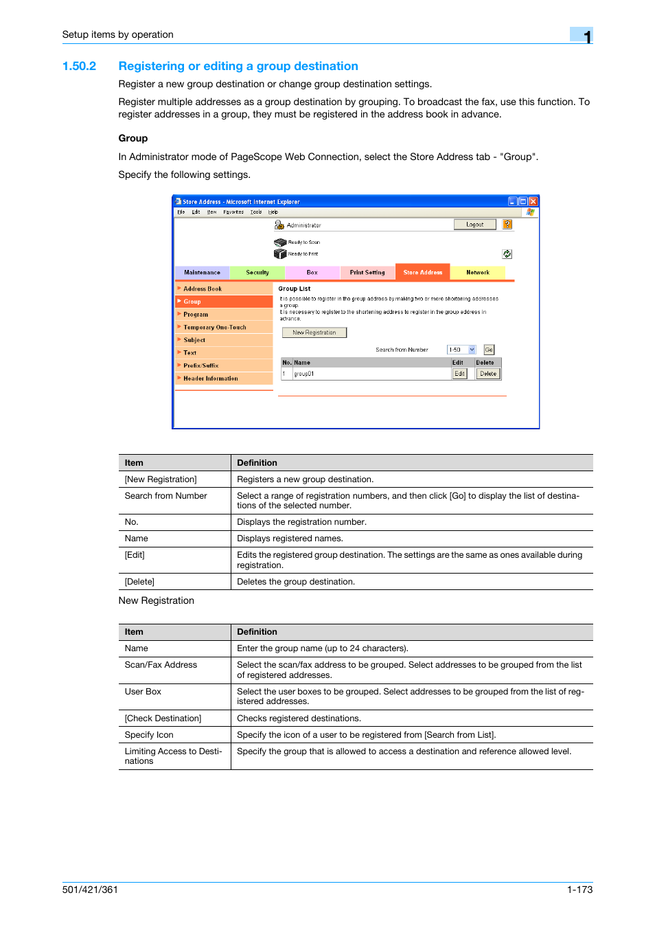 2 registering or editing a group destination, Group | Konica Minolta bizhub 501 User Manual | Page 186 / 233