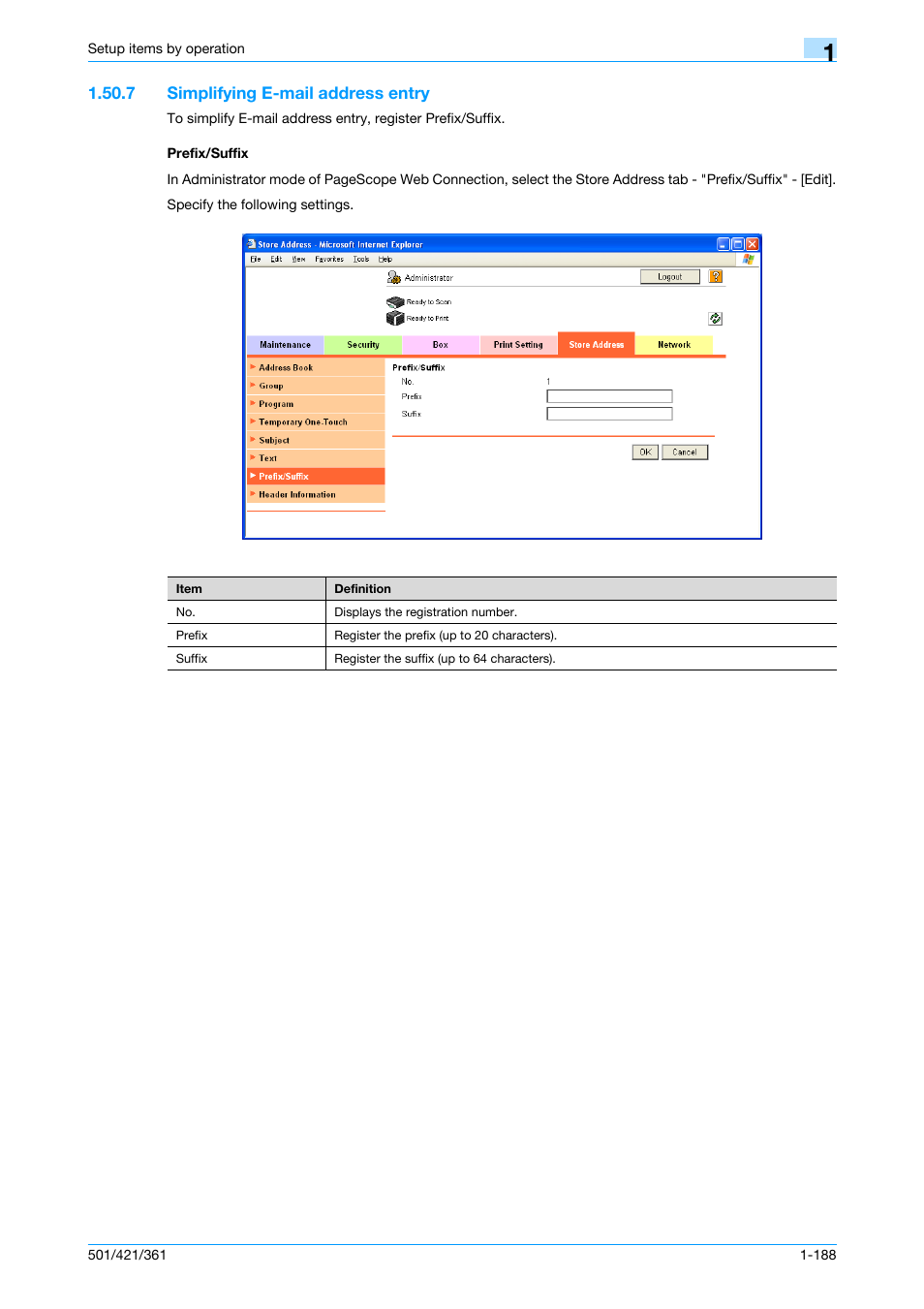 7 simplifying e-mail address entry, Prefix/suffix | Konica Minolta bizhub 501 User Manual | Page 201 / 233